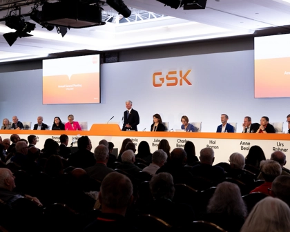 GSK 2024 AGM, Chair Jon Symonds speaks at podium