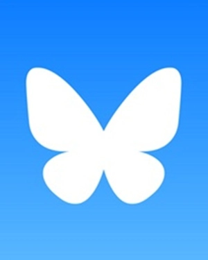 Bluesky logo, white butterfly on blue gradient background